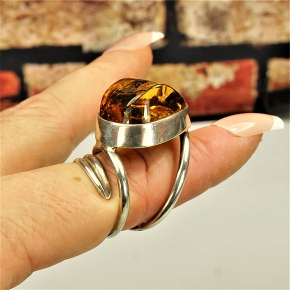 LARGE BALTIC AMBER 925 SILVER ADJUSTABLE RING, UNIQUE DESIGN, GIFT FOR WOMEN - Picture 5 of 16